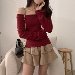 휘트니 겉기모 슬림핏 오프숄더 긴팔 티셔츠 버건디