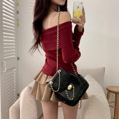 휘트니 겉기모 슬림핏 오프숄더 긴팔 티셔츠 버건디