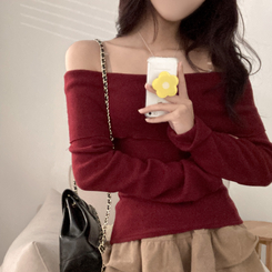 휘트니 겉기모 슬림핏 오프숄더 긴팔 티셔츠 버건디