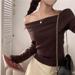 휘트니 겉기모 슬림핏 오프숄더 긴팔 티셔츠 브라운