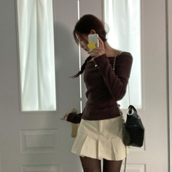 휘트니 겉기모 슬림핏 오프숄더 긴팔 티셔츠 브라운