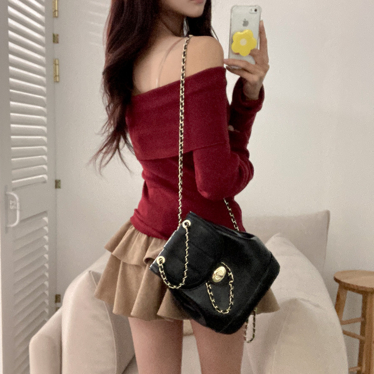 휘트니 겉기모 슬림핏 오프숄더 긴팔 티셔츠 버건디