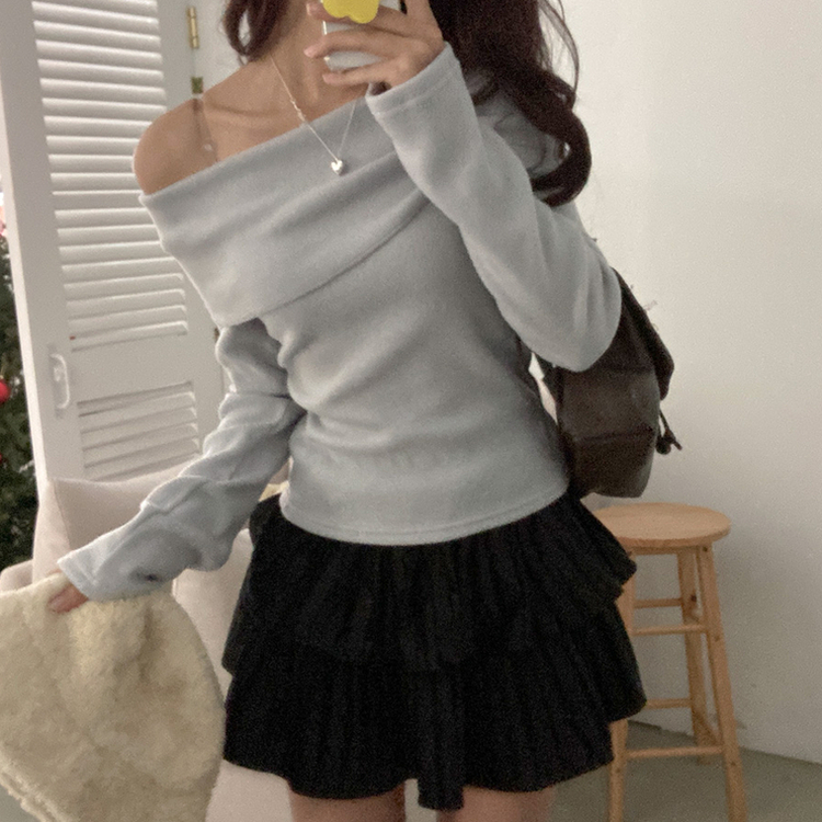 휘트니 겉기모 슬림핏 오프숄더 긴팔 티셔츠 소라