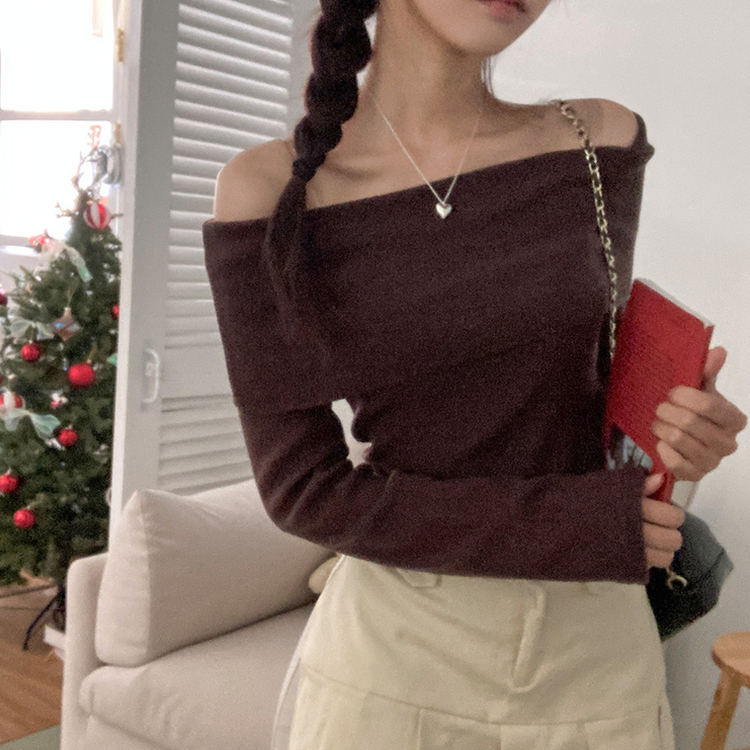 휘트니 겉기모 슬림핏 오프숄더 긴팔 티셔츠 브라운