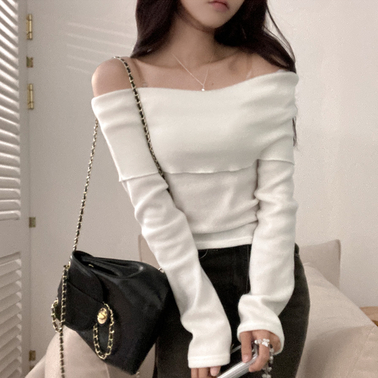 휘트니 겉기모 슬림핏 오프숄더 긴팔 티셔츠 크림