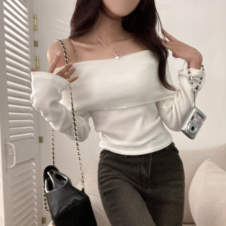 휘트니 겉기모 슬림핏 오프숄더 긴팔 티셔츠 크림