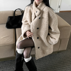 빌츠 양털 퍼 스웨이드 안감 무스탕 하이넥 하프 코트 아이보리