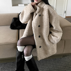 빌츠 양털 퍼 스웨이드 안감 무스탕 하이넥 하프 코트 아이보리