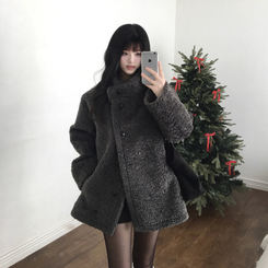 빌츠 양털 퍼 스웨이드 안감 무스탕 하이넥 하프 코트 차콜