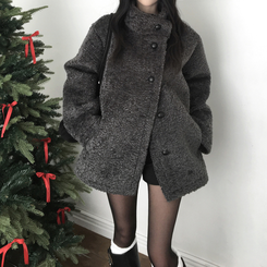 빌츠 양털 퍼 스웨이드 안감 무스탕 하이넥 하프 코트 차콜