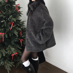 빌츠 양털 퍼 스웨이드 안감 무스탕 하이넥 하프 코트 차콜