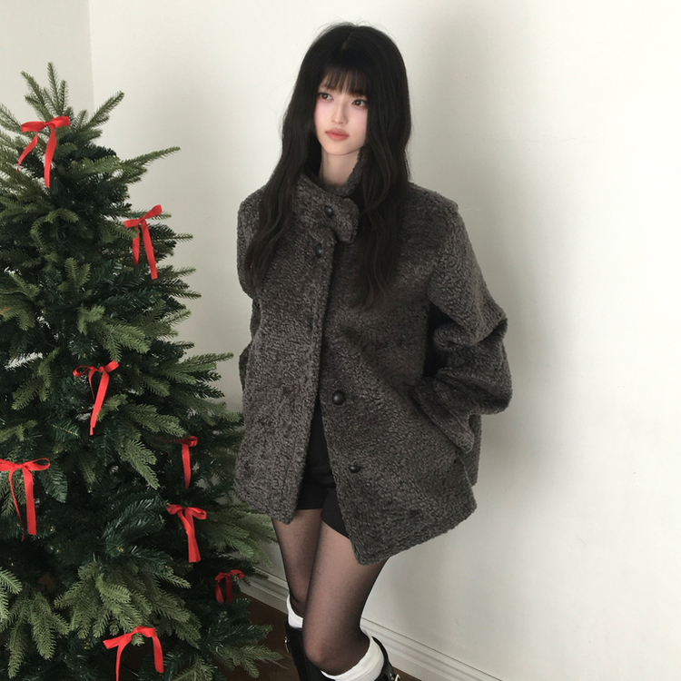 빌츠 양털 퍼 스웨이드 안감 무스탕 하이넥 하프 코트 차콜