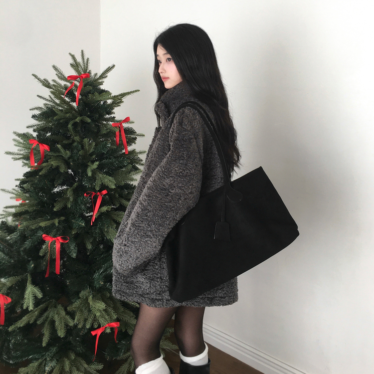 빌츠 양털 퍼 스웨이드 안감 무스탕 하이넥 하프 코트 차콜