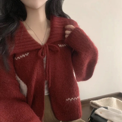 캐럴 노르딕 리본 루즈핏 볼레로 니트가디건 레드