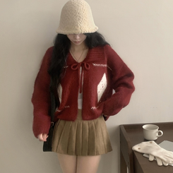 캐럴 노르딕 리본 루즈핏 볼레로 니트가디건 레드