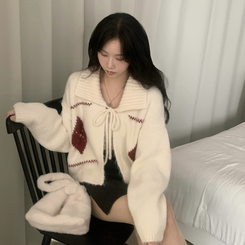 캐럴 노르딕 리본 루즈핏 볼레로 니트가디건 아이보리