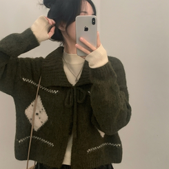 캐럴 노르딕 리본 루즈핏 볼레로 니트가디건 카키