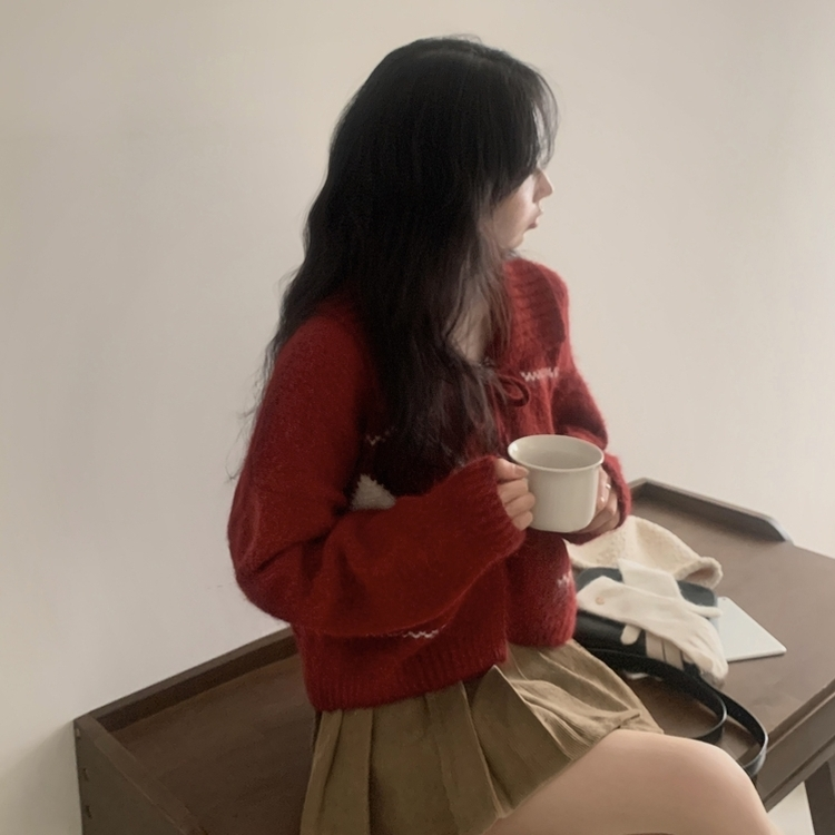 캐럴 노르딕 리본 루즈핏 볼레로 니트가디건 레드