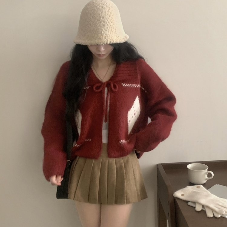 캐럴 노르딕 리본 루즈핏 볼레로 니트가디건 레드