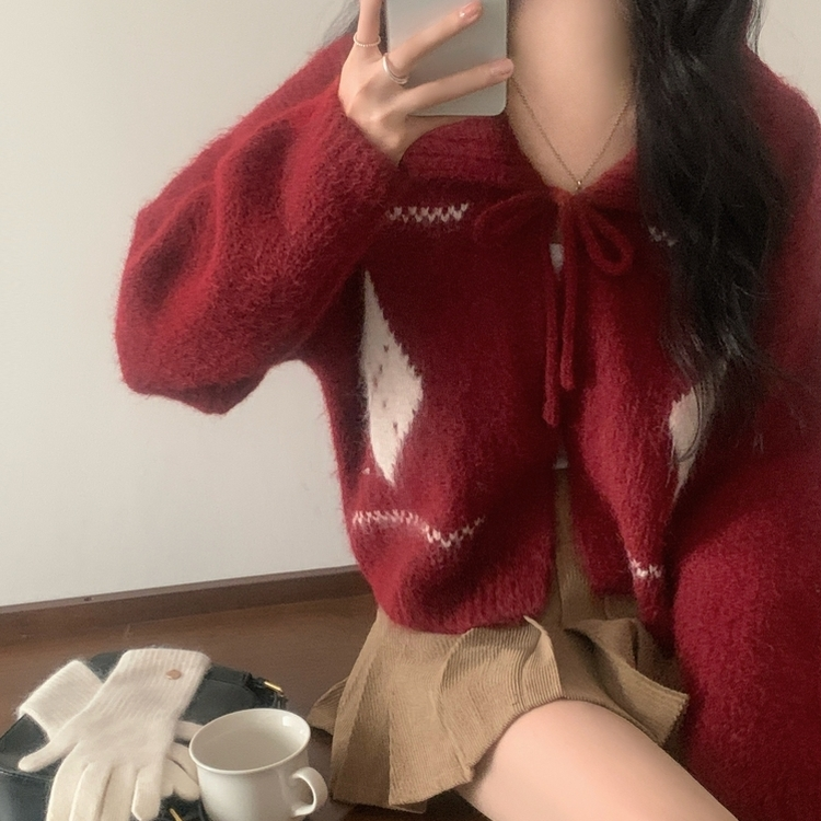 캐럴 노르딕 리본 루즈핏 볼레로 니트가디건 레드