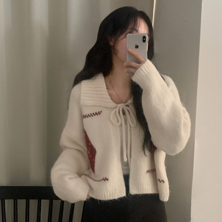 캐럴 노르딕 리본 루즈핏 볼레로 니트가디건 아이보리