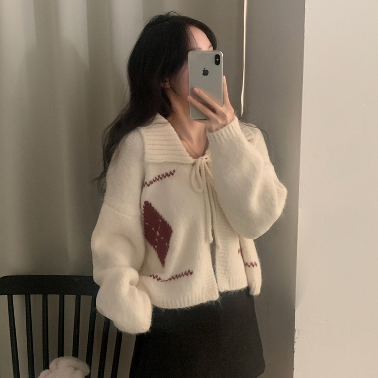 캐럴 노르딕 리본 루즈핏 볼레로 니트가디건 아이보리