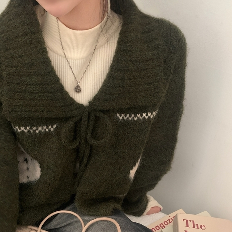 캐럴 노르딕 리본 루즈핏 볼레로 니트가디건 카키