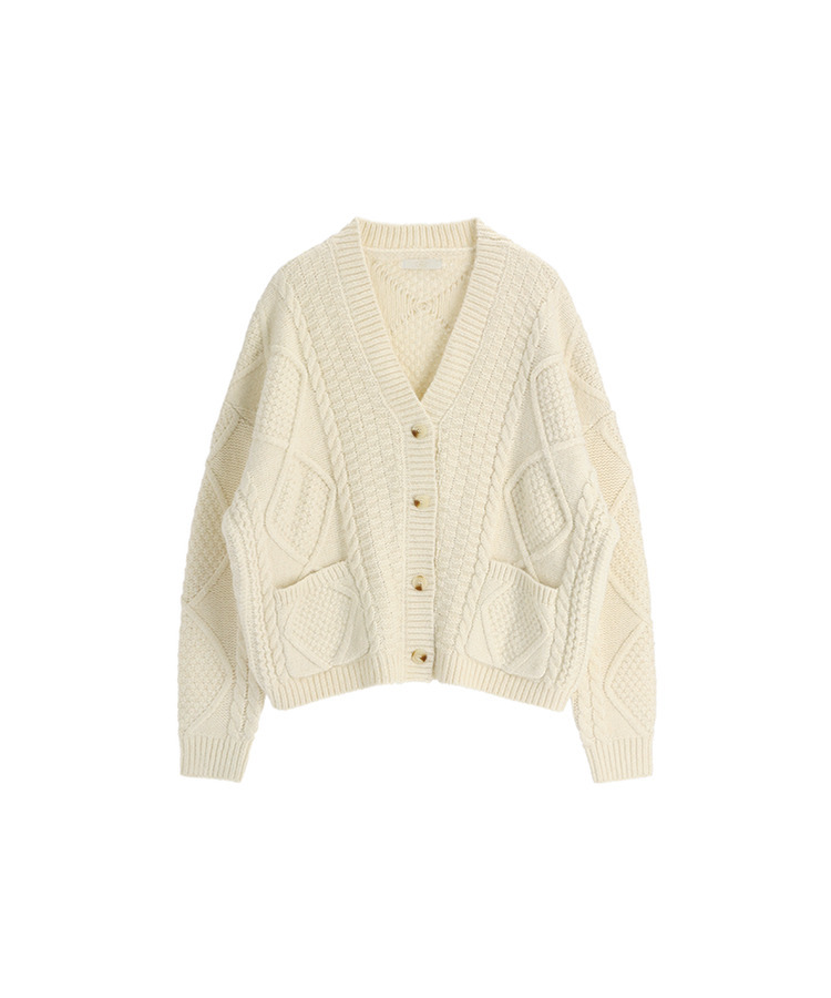 [ウール混] (MADE / ウール5% / 厚手でふんわり♥ / ソフトタッチ)   ケーブル Vネック ルーズフィット ウールカーディガン