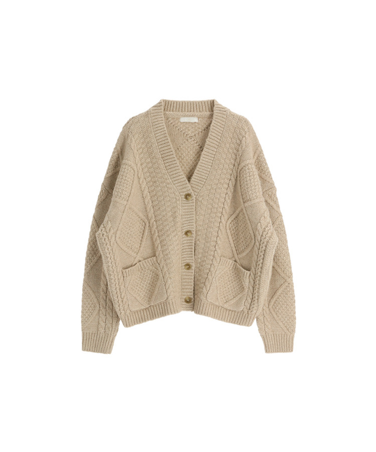 [ウール混] (MADE / ウール5% / 厚手でふんわり♥ / ソフトタッチ)   ケーブル Vネック ルーズフィット ウールカーディガン