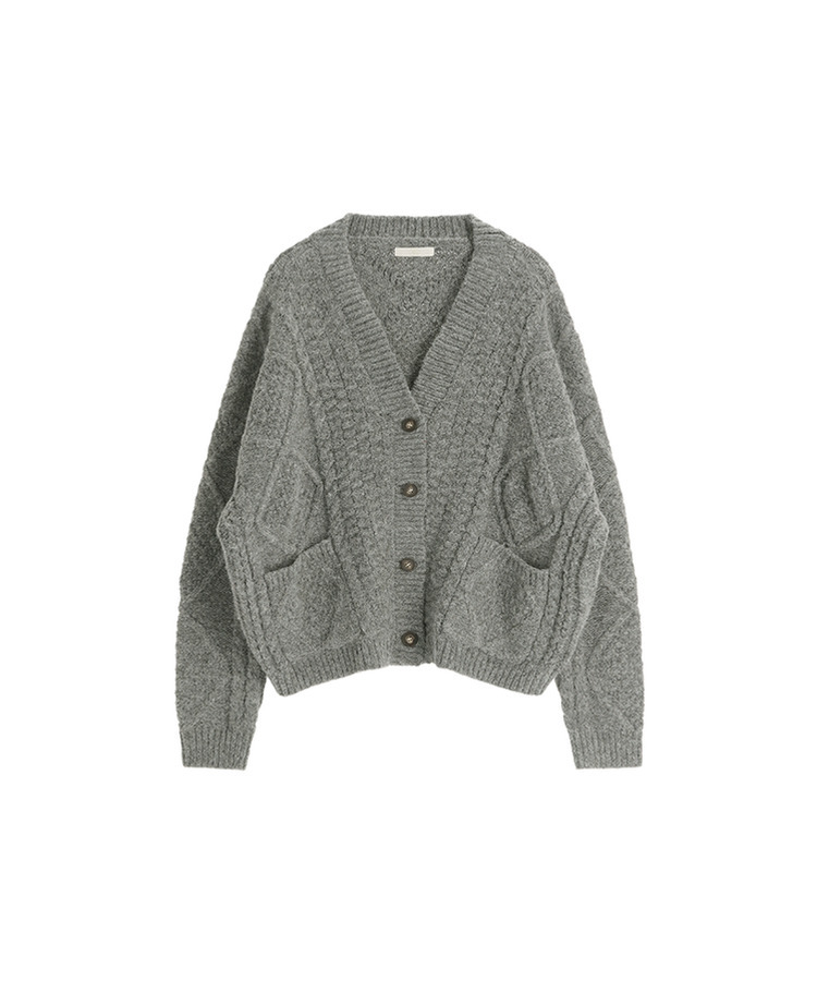 [ウール混] (MADE / ウール5% / 厚手でふんわり♥ / ソフトタッチ)   ケーブル Vネック ルーズフィット ウールカーディガン