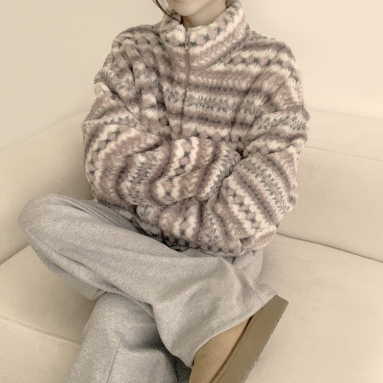 한겨울까지 따뜻한 스노우 노르딕 스트링 오버핏 겨울 플리스 점퍼 아방핏 후리스 아우터 양털 자켓 3color 핑크