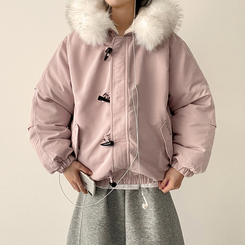 ボタンファーフードダウンジャンパー PINK