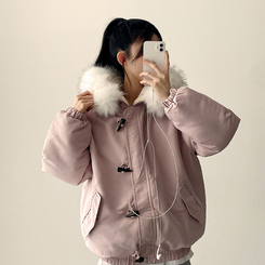 ボタンファーフードダウンジャンパー PINK