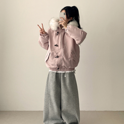 ボタンファーフードダウンジャンパー PINK