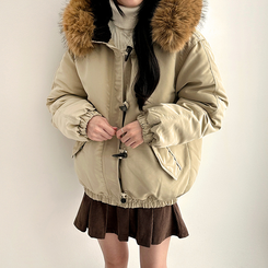 ボタンファーフードダウンジャンパー BEIGE