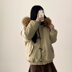 ボタンファーフードダウンジャンパー BEIGE