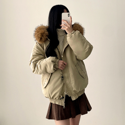 ボタンファーフードダウンジャンパー BEIGE