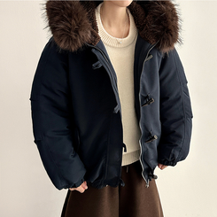 ボタンファーフードダウンジャンパー NAVY