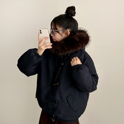 ボタンファーフードダウンジャンパー NAVY