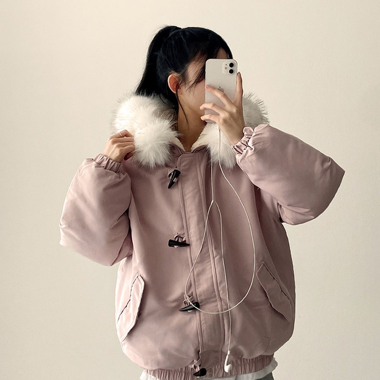 ボタンファーフードダウンジャンパー PINK