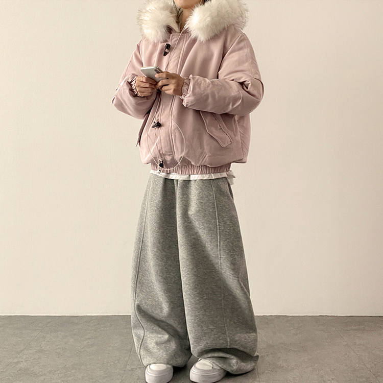 ボタンファーフードダウンジャンパー PINK