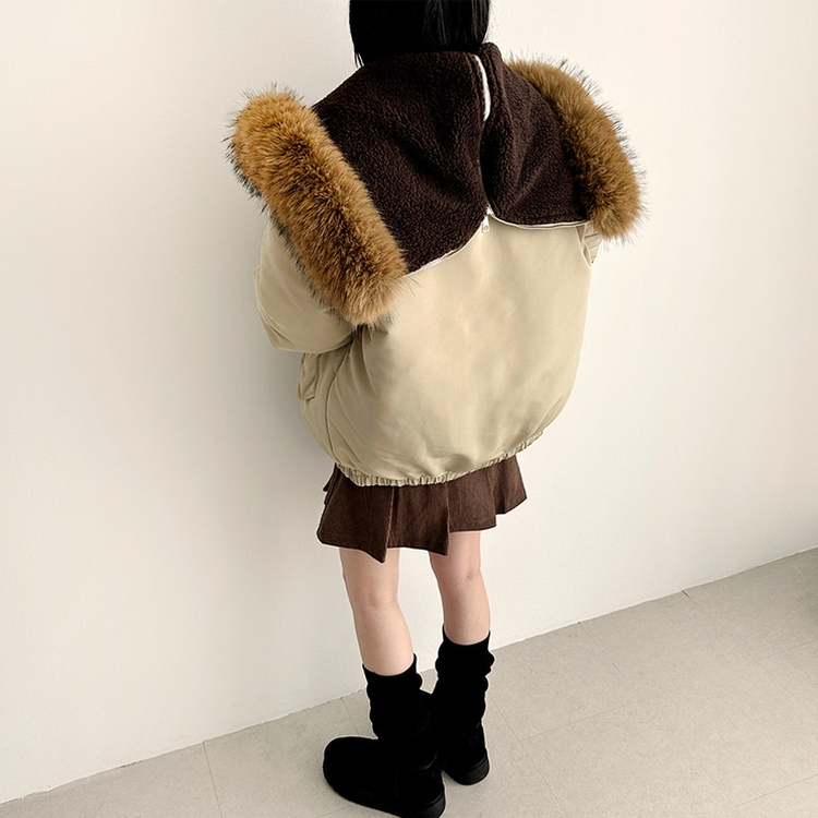 ボタンファーフードダウンジャンパー BEIGE