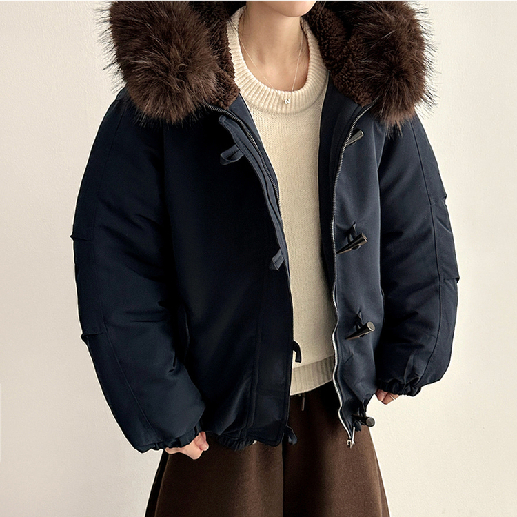 ボタンファーフードダウンジャンパー NAVY