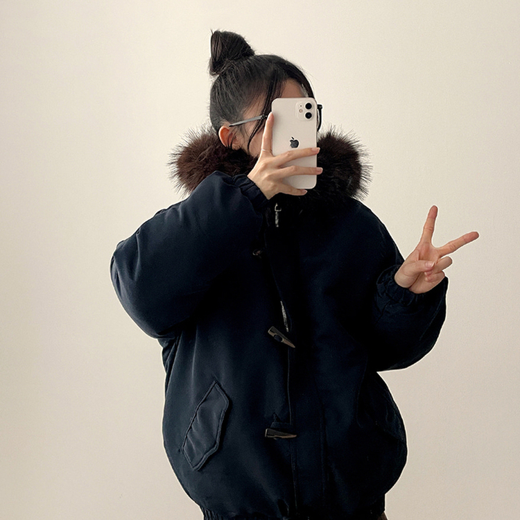 ボタンファーフードダウンジャンパー NAVY