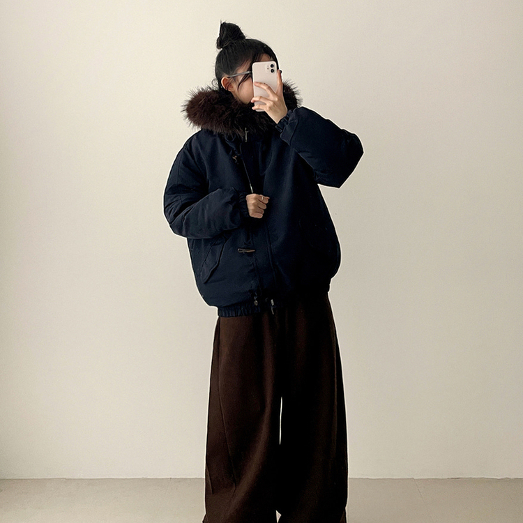 ボタンファーフードダウンジャンパー NAVY