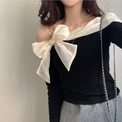 베이비 쉬폰 리본 오프숄더 탑 긴팔 티셔츠 블랙