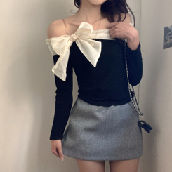 베이비 쉬폰 리본 오프숄더 탑 긴팔 티셔츠 블랙