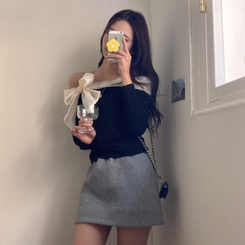 베이비 쉬폰 리본 오프숄더 탑 긴팔 티셔츠 블랙