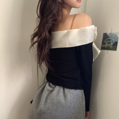 베이비 쉬폰 리본 오프숄더 탑 긴팔 티셔츠 블랙