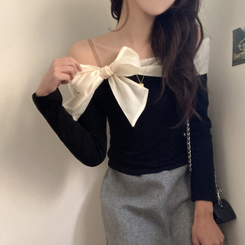 베이비 쉬폰 리본 오프숄더 탑 긴팔 티셔츠 블랙